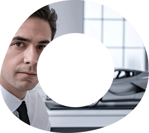 Uomo con capelli neri in camicia bianca e cravatta con dietro auto sportiva